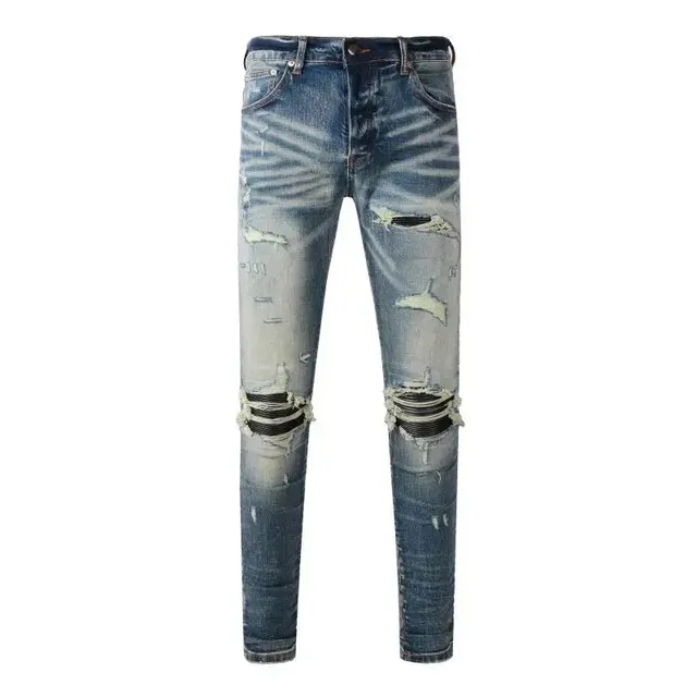 Distressed Slim Fit Jeans Washed Blue with Rips and Frayed Details