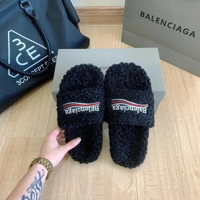 Balenciaga Shearling Slide Logo Embroidered