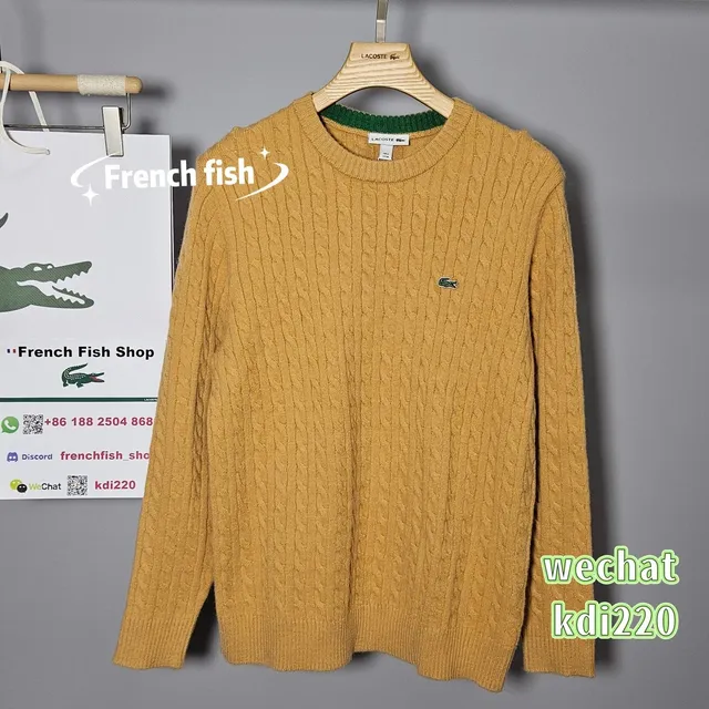 Lacoste Cable Knit Sweater Mustard with Green Ribbed Trim