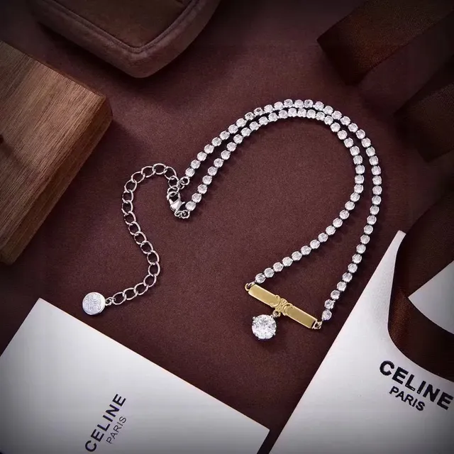 Celine Crystal Chain Necklace Double Row with Bar Pendant