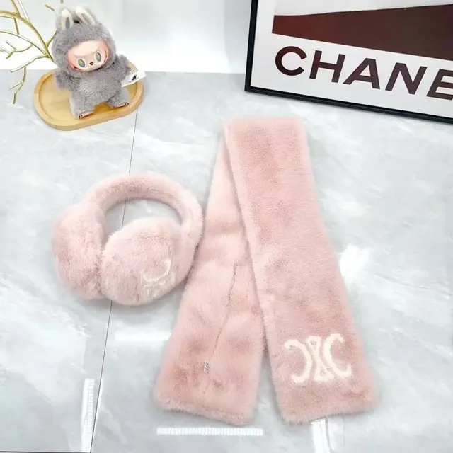 Chanel Faux Fur Scarf and Earmuffs Set Pink with CC Logo