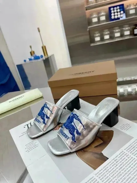 Burberry Equestrian Knight Slide Metallic Silver with Blue Embroidery