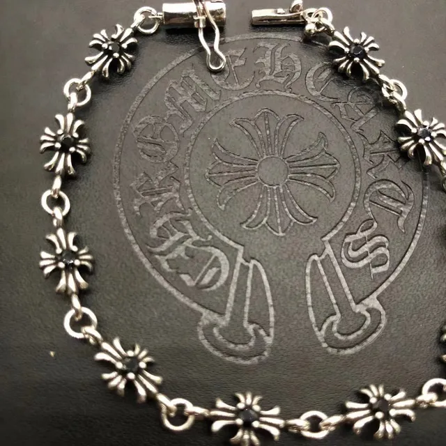 Chrome Hearts Cross Flower Bracelet Silver with Black Onyx
