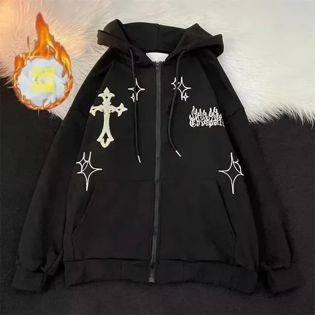 Chrome Hearts Zip-Up Hoodie Cross and Flame Embroidery