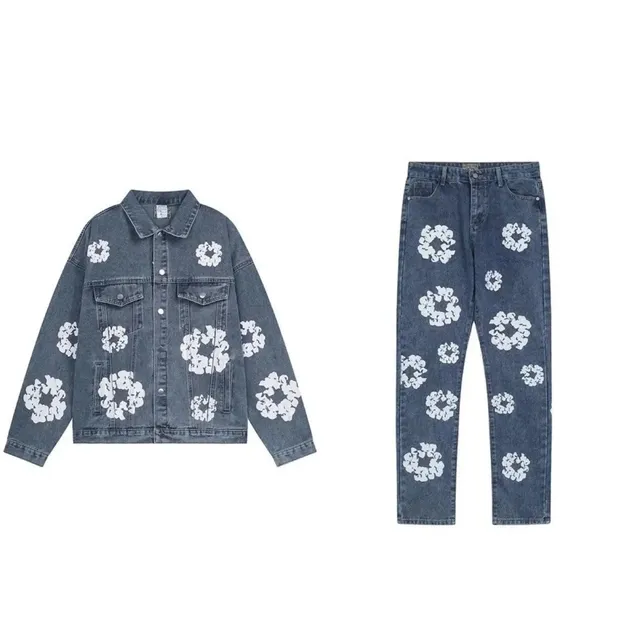 Denim Jacket and Jeans Set Floral Print