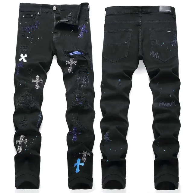 Diesel Distressed Jeans Crystal Cross Embellished