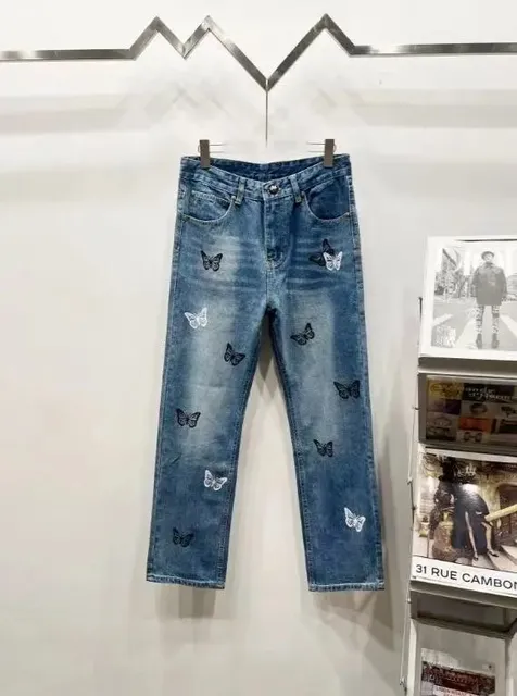 Butterfly-Embroidered Jeans Medium Wash with Butterfly Appliqués