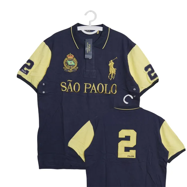 Polo Ralph Lauren polo shirt navy with yellow sleeves, 'SÃO PAOLO' text, and number 2