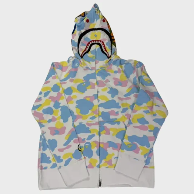Bh11 - Bp New Multi Camo Shark Relaxed Full Zip Hoodie White