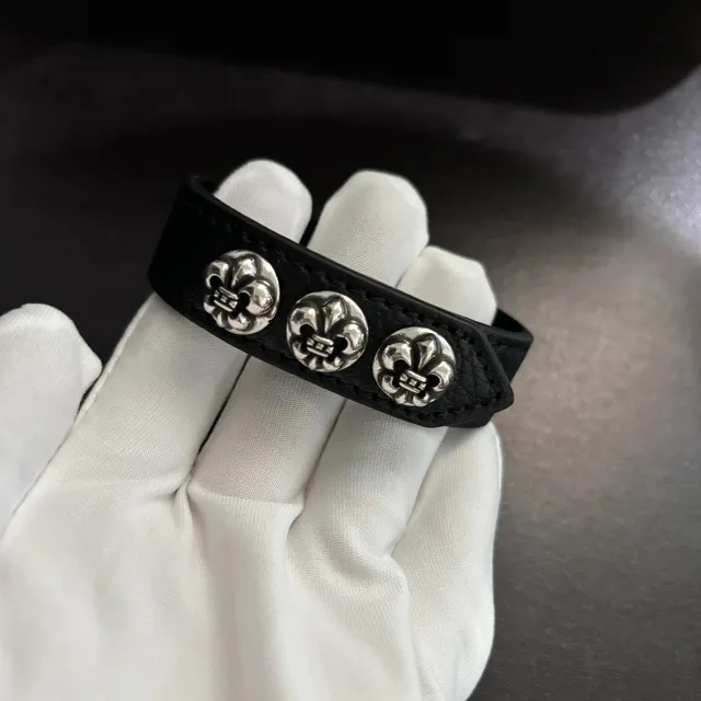 Chrome Hearts Fleur-de-Lis Leather Bracelet Triple Fleur-de-Lis