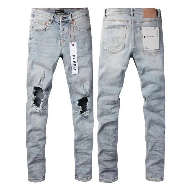 Purple Brand Distressed Slim Fit Jeans Light Wash with Knee Rips