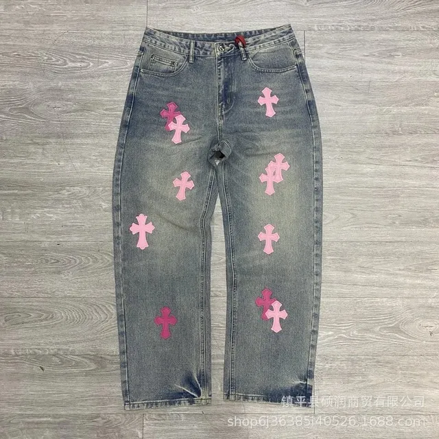 Cross-Embellished Jeans Pink Cross Appliqué