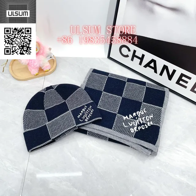 Louis Vuitton Checkered Beanie and Scarf Set Marque LV Deposee Print