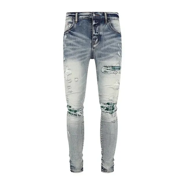 Distressed Skinny Jeans Light Wash with Green Patchwork