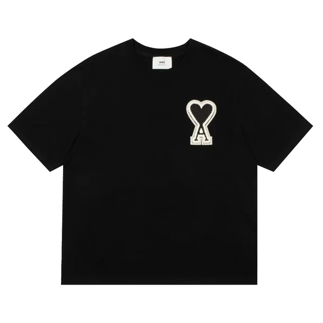 AMI Paris Heart Logo Tee Black with White Embroidered Logo