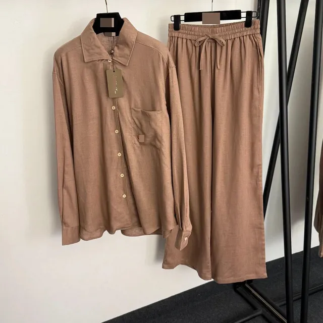 Shirt and Trousers Set Monochrome Linen-Blend