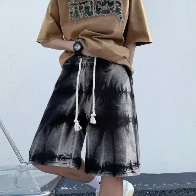 Tie-Dye Denim Shorts Black and Grey Wash