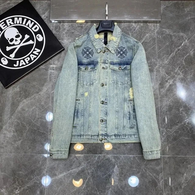 Chrome Hearts Denim Jacket Distressed with Cross Motif Embroidery