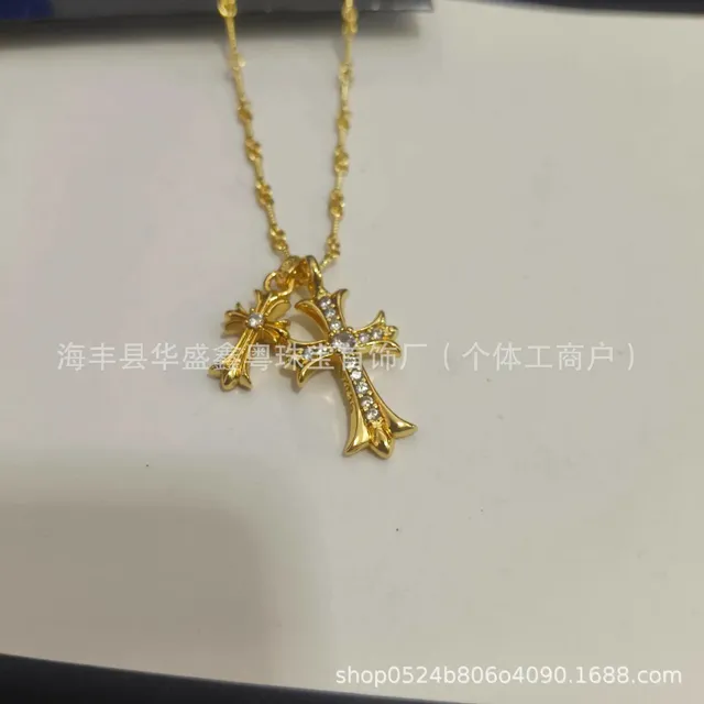 黄金小单钻双十字架项链