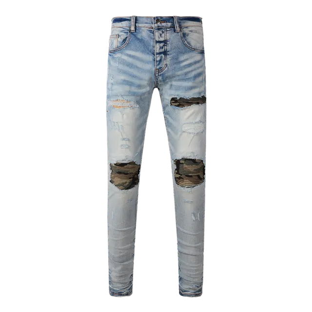Amiri Distressed Slim Fit Jeans Camouflage Patch