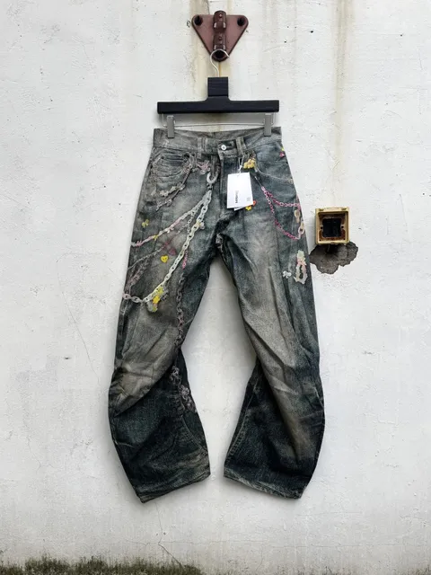 Decorated Denim Trousers Chain-Embroidered Distressed