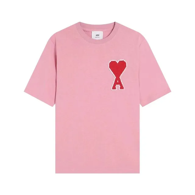 AMI Paris Heart Logo T-Shirt Pink with Red Embroidered Heart