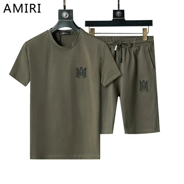 Amiri Logo Tee and Shorts Set Olive Green with Black Logo