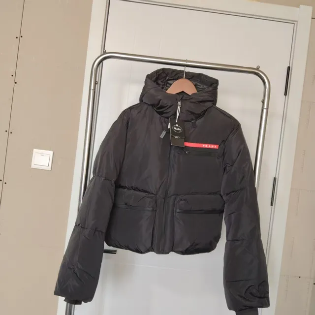 Prada Puffer Jacket Red Logo Tape