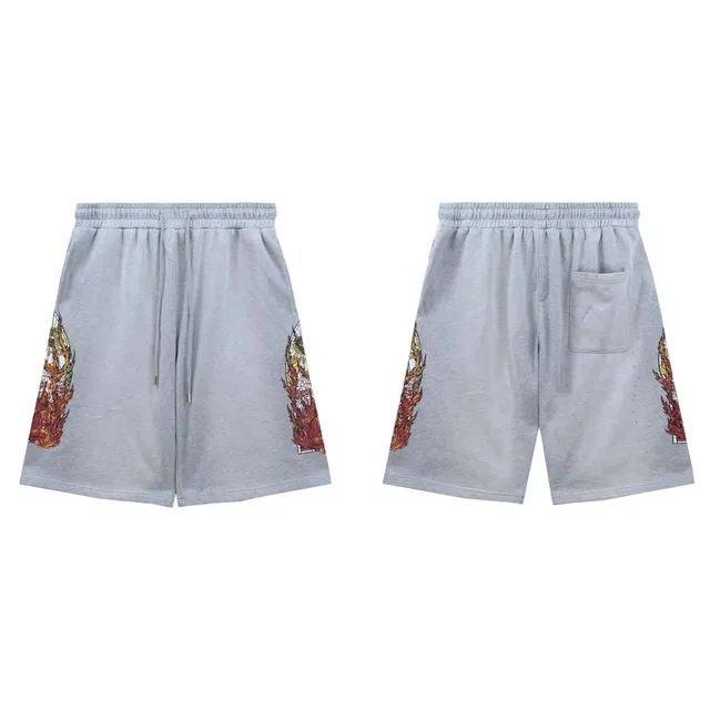 Hellstar Flame Print Shorts Heather Grey with Flame Graphic