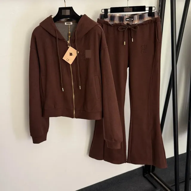 Miu Miu Hoodie and Flared Sweatpants Set Monochrome Brown