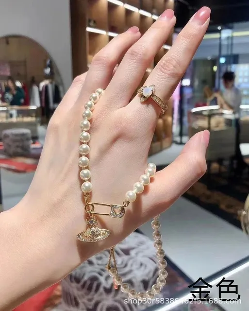 别针珍珠项链(金色)