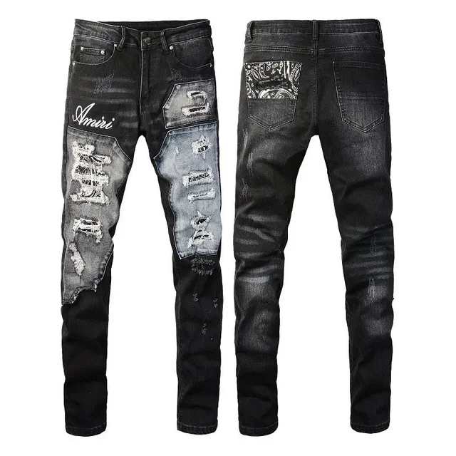Amiri Distressed Patchwork Jeans Black with White Embroidery and Denim Patches