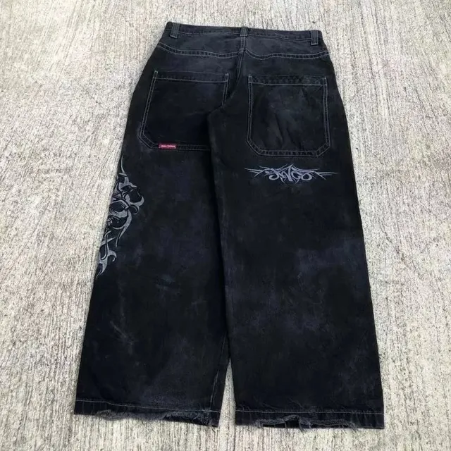 Supreme Wide Leg Jeans Black Wash with Graphic Print