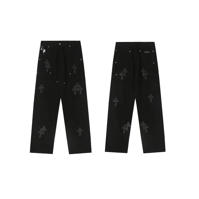 Chrome Hearts Cross-Embroidered Trousers Black with Grey Cross Motifs