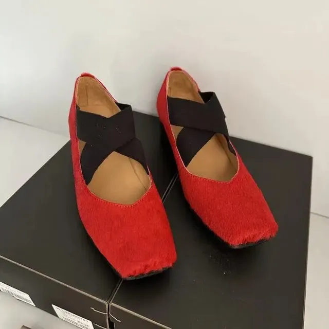 Square-Toe Loafer Haircalf with Crisscross Strap