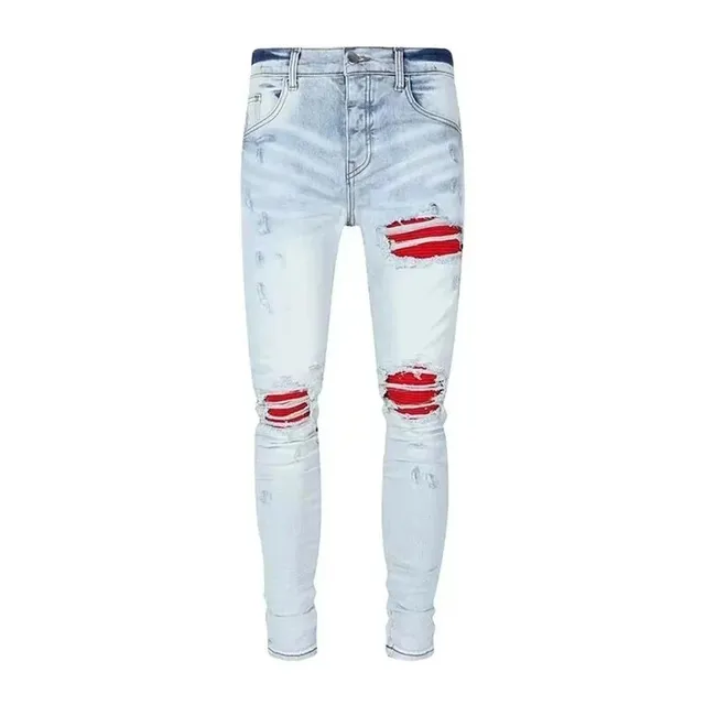 Slim Fit Jeans Distressed with Red Stripe Patches