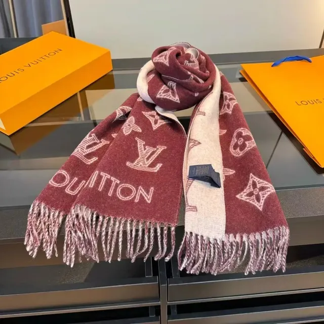 Louis Vuitton Monogram Wool Scarf Burgundy and Beige