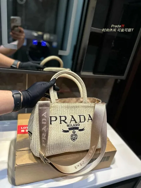 Prada Woven Tote Logo Embroidered