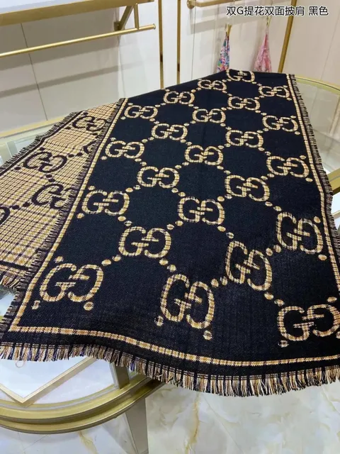 Gucci Double G Jacquard Scarf Black Beige GG Print