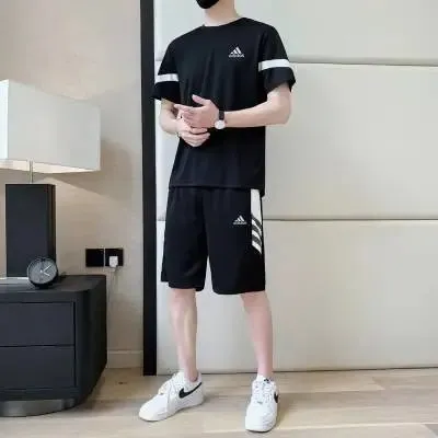 Adidas T-Shirt and Shorts Set Black with White Stripes