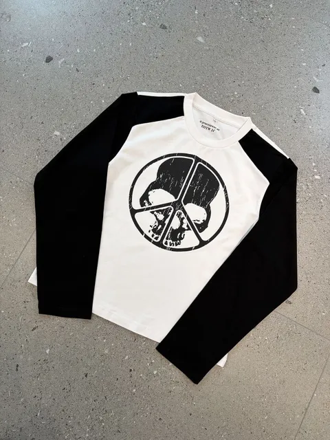 Peaceinwar Long-Sleeve Raglan Tee Peace Sign Skull