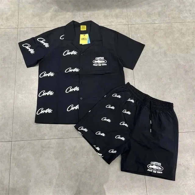 Corteiz Camp Collar Shirt and Shorts Set All-Over Logo Print
