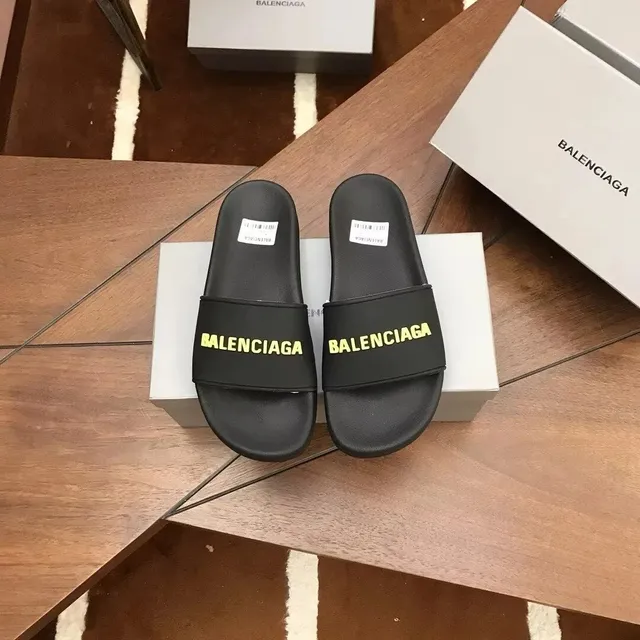 Balenciaga Logo Slide Black with Yellow Logo