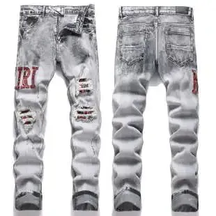 Distressed Slim Fit Jeans Ripped Washed Grey