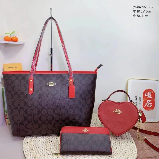 Coach Tote Set Signature Canvas with Red Trim