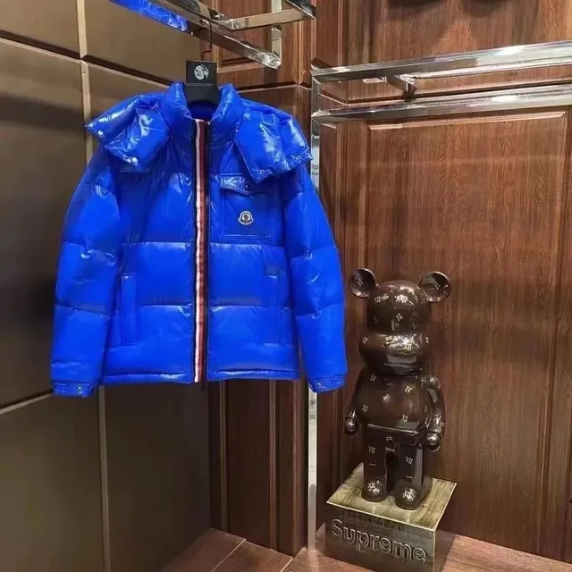 Moncler Puffer Jacket Glossy Blue with Supreme Stripe