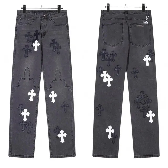 Chrome Hearts Cross Patch Jeans Black and White Cross Embroidery