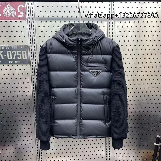 Prada Knit-Sleeve Puffer Jacket Black with Logo Patch