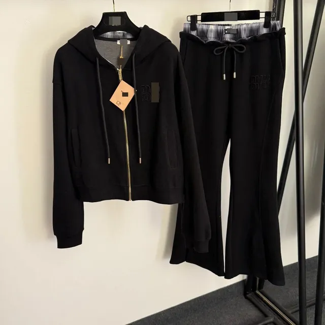 Miu Miu Hoodie and Flared Sweatpants Set Black Logo-Embellished