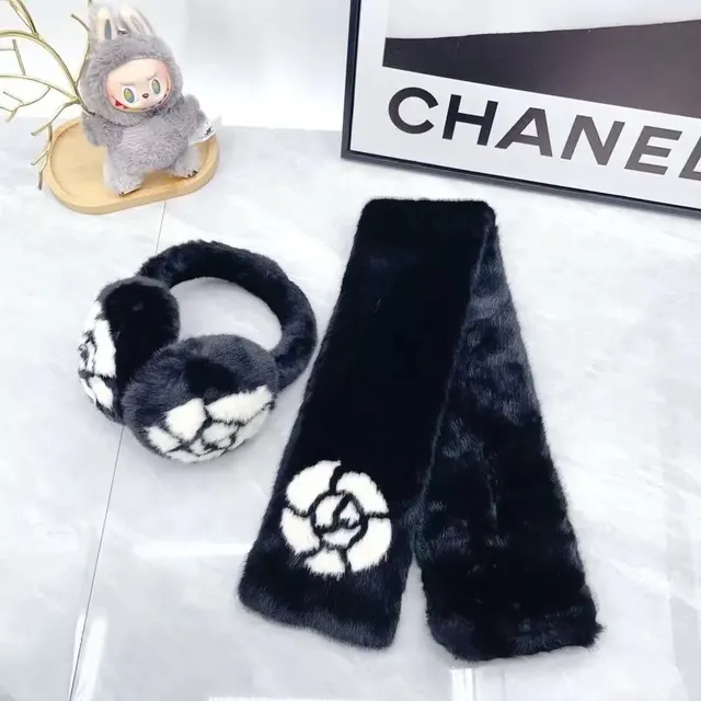 Chanel Faux Fur Scarf and Earmuffs Set Camellia Logo